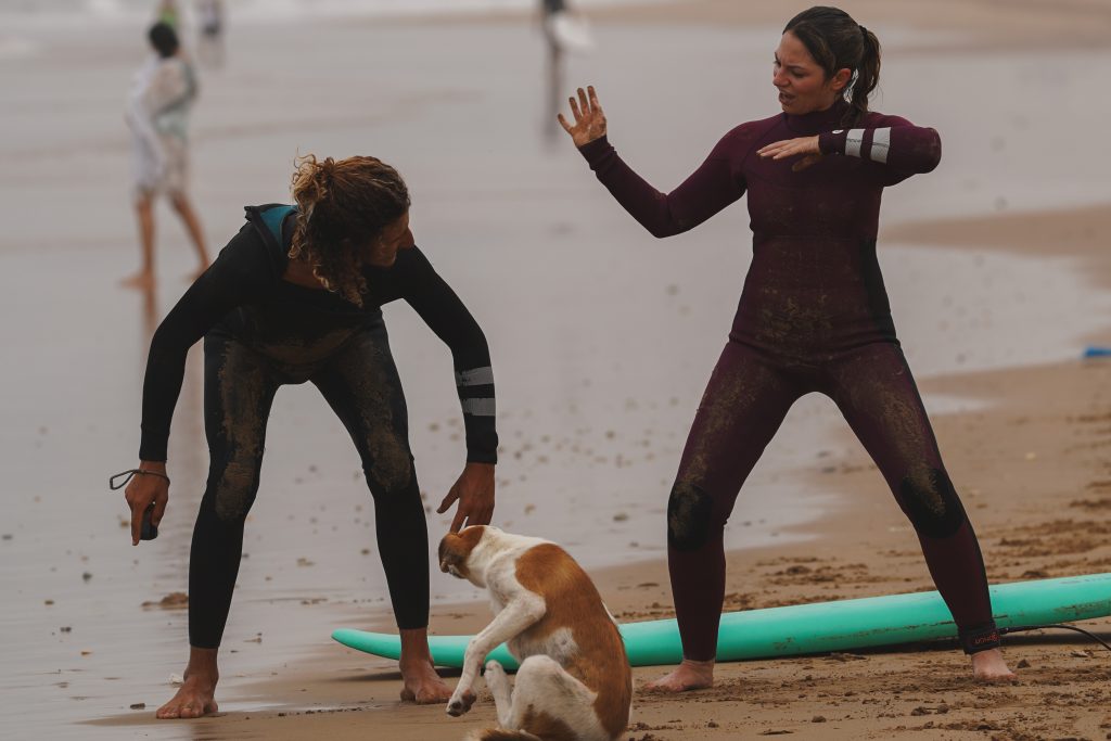 Surfer am Strand mit Hund beim Aufwärmen